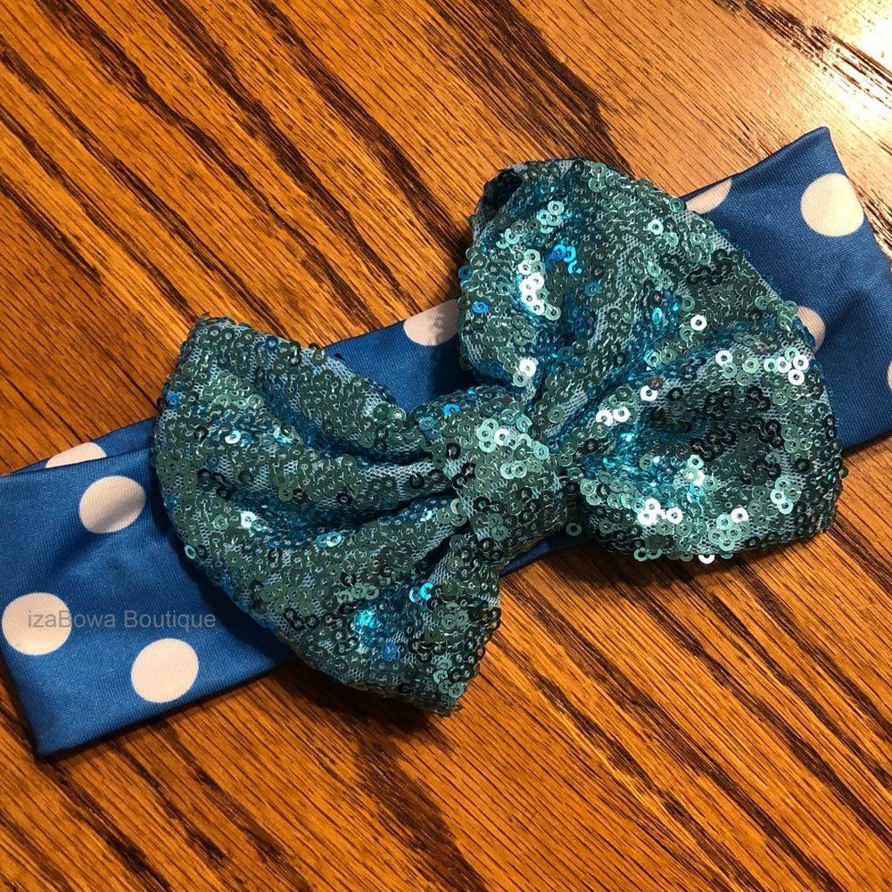Blue Glitter Big Bow on Blue & White Polka Dot Headband  (2)  GGBBBW  Handmade